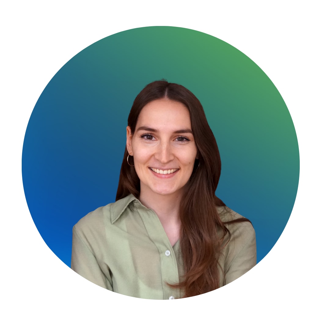 Rundes Icon mit blau grünem Farbverlauf und Konterfei von Charlotte Nagel