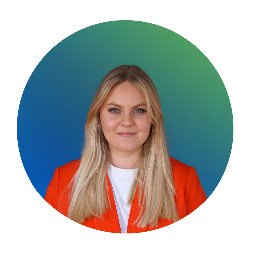 Rundes Icon mit blau grünem Farbverlauf und Konterfei von Rosanna Roth