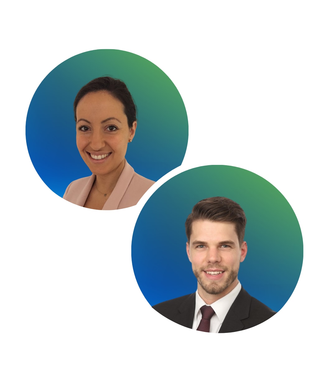 Zwei runde Icons mit blau grünem Farbverlauf und Konterfeien der Herausgeber