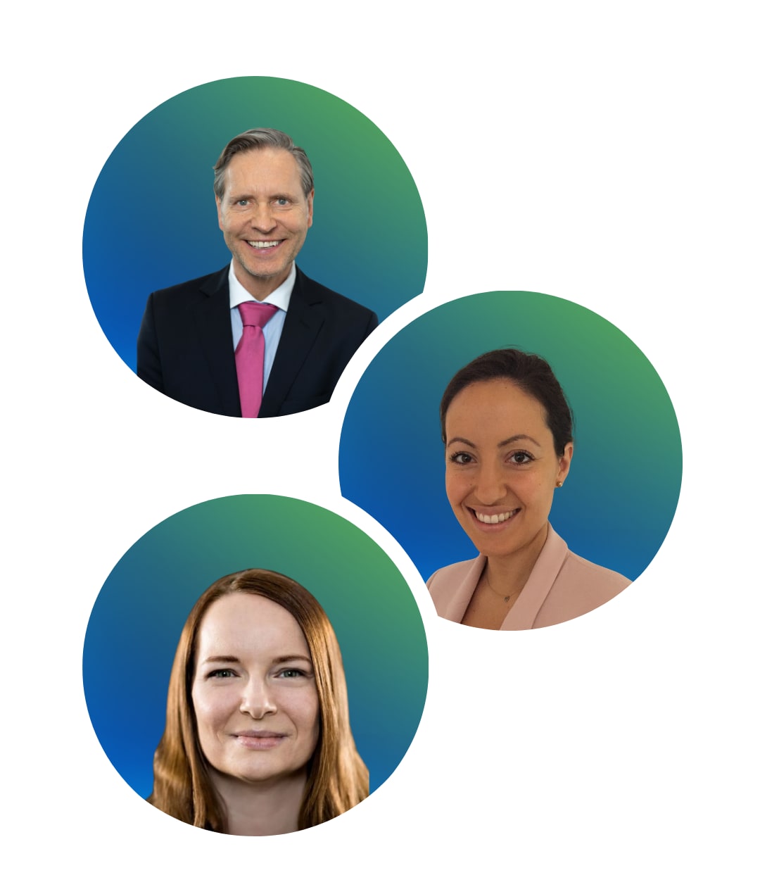 Drei runde Icons mit blau grünem Farbverlauf und Konterfeien der medizinischen PrüferWagner