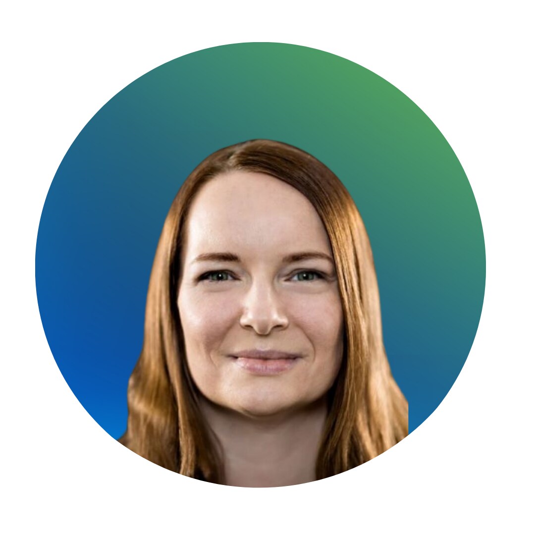 Rundes Icon mit blau grünem Farbverlauf und Konterfei von medizinischer Prüferin Dr. Jana Burkhardt