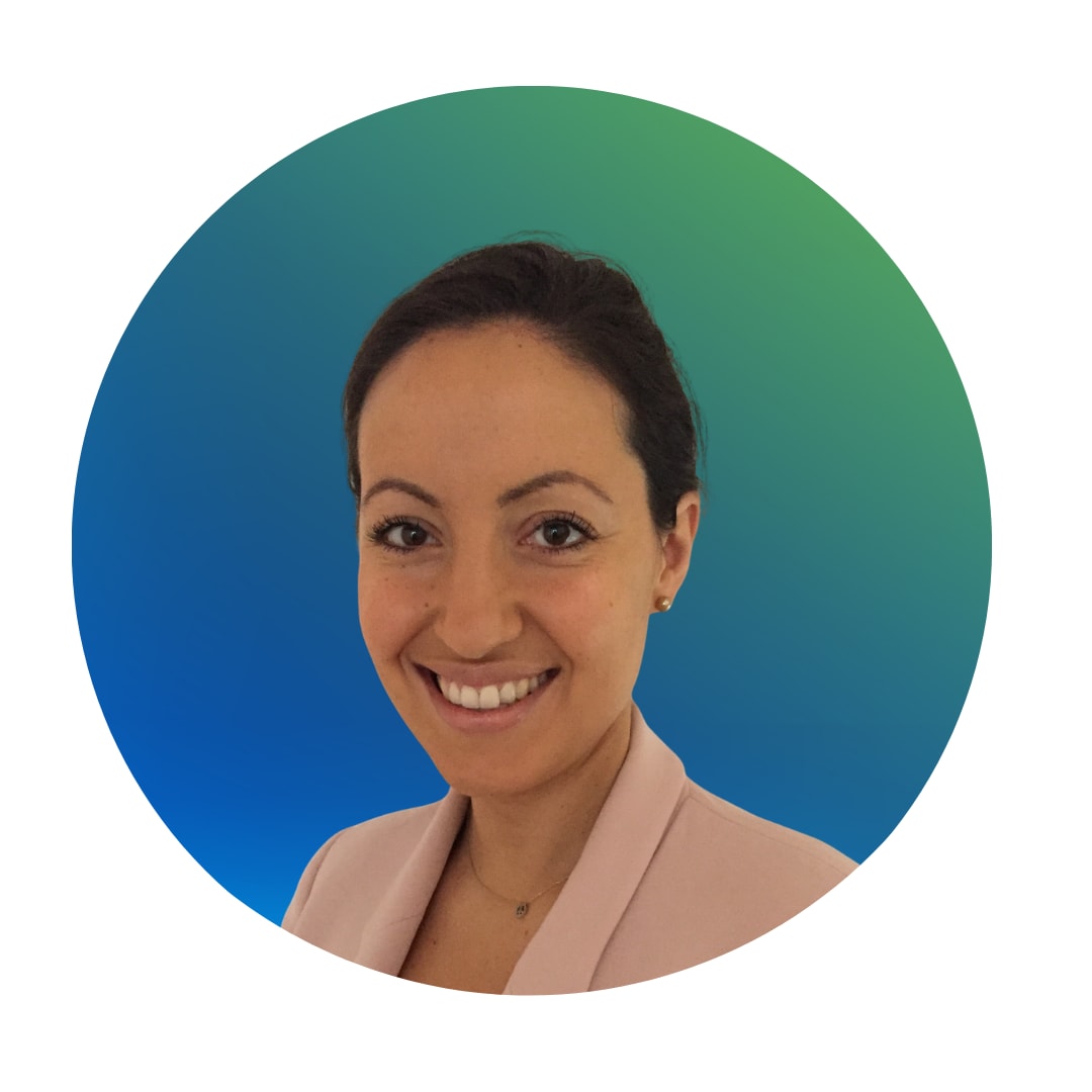 Rundes Icon mit blau grünem Farbverlauf und Konterfei von Dr. Stephanie Skender