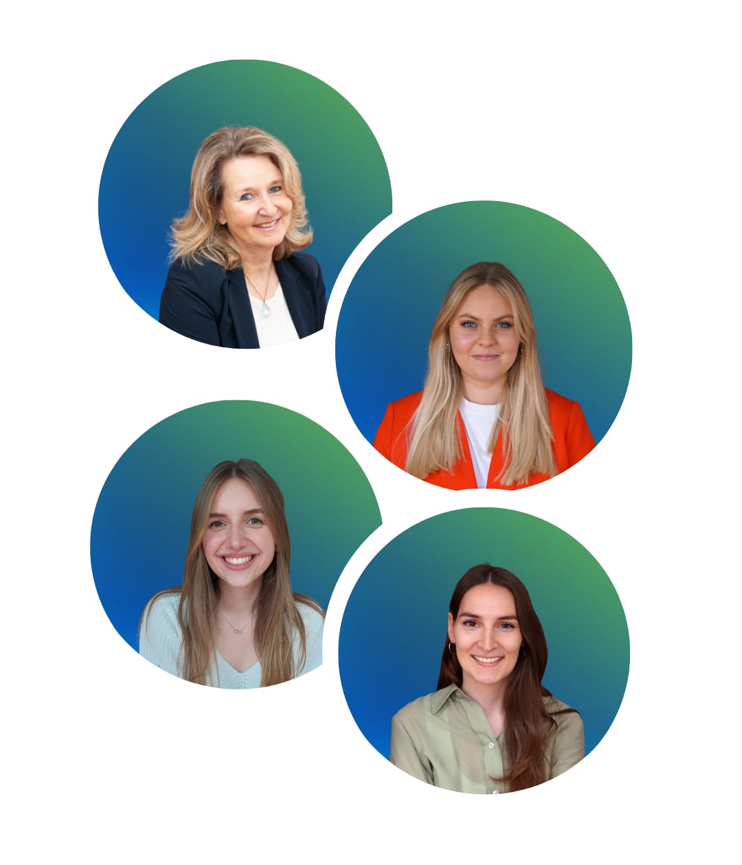 Vier runde Icons mit blau grünem Farbverlauf und Konterfeien der Redakteurinnen