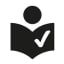 Icon Leichte Sprache Grafische Darstellung einer Person, die hinter einem aufgeklappten Buch sitzt. Auf der Vorderseite des Buches befindet sich ein weißer Haken